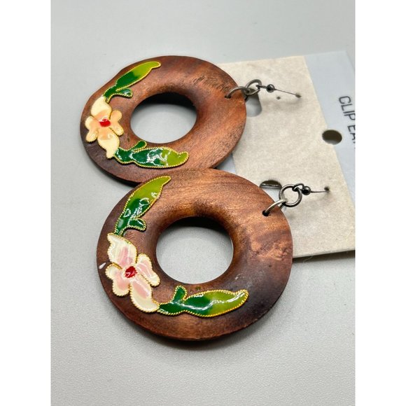 Vintage Statement Earrings Wood Rings w Cloisonne Flowers Sterling Silver Hooks - Picture 3 of 6